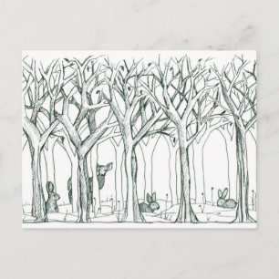 Carte Postale Animaux forestiers Arbres d'hiver Lapins de Neige