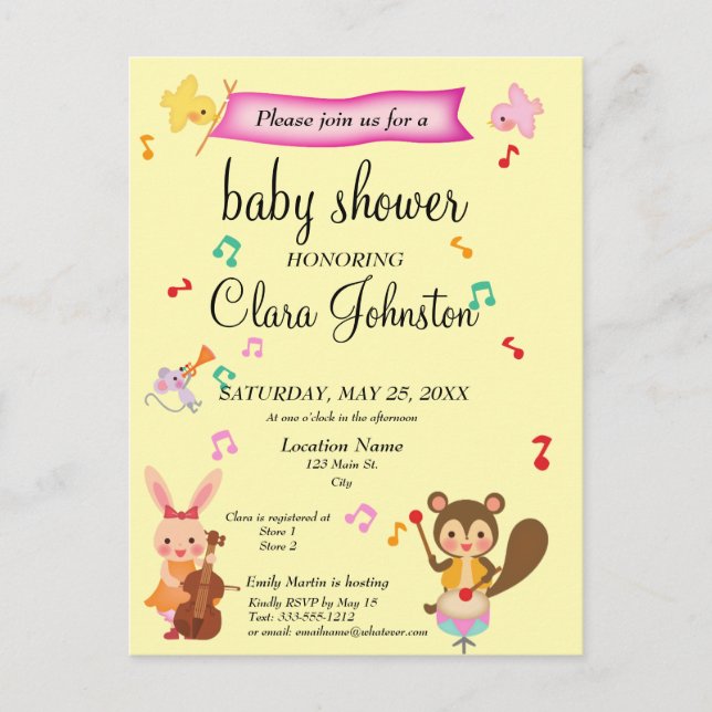 Carte Postale Animaux musicaux mignons Invitation Baby shower ro (Devant)
