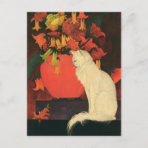 Carte Postale Animaux vintages, Chat blanc élégant, Fleurs d'aut