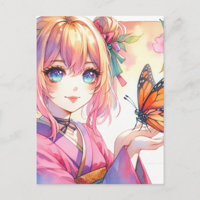 Carte Postale Anime Girl tenant un papillon (Devant)
