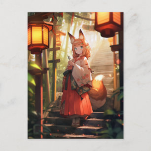 Carte Postale Anime Kitsune Girl Cute Fox Imaginaire Art