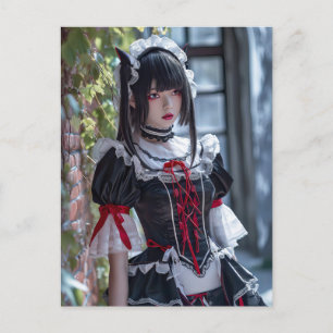 Carte Postale Anime Maid Élégante avec Oreilles de Chat