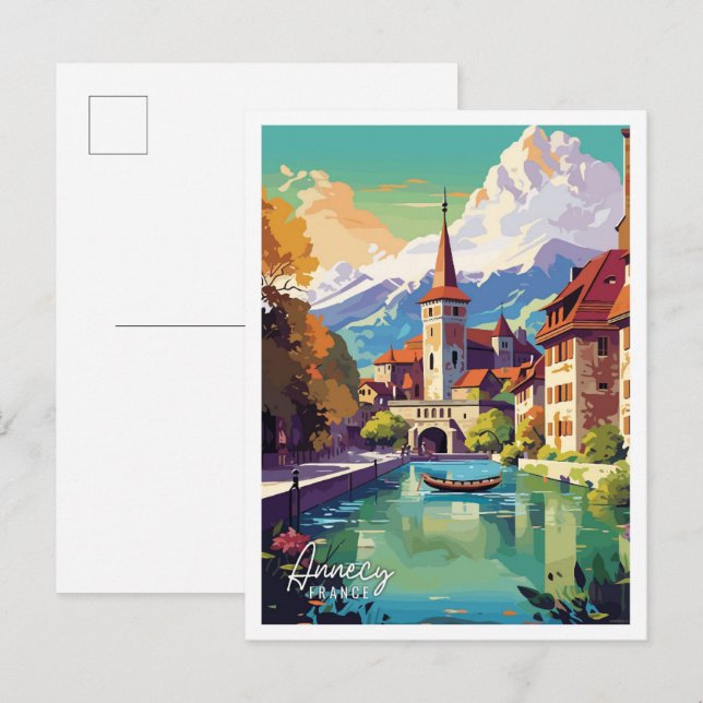 Carte Postale Annecy France Illustration de voyage vintage Art (Devant / Derrière)