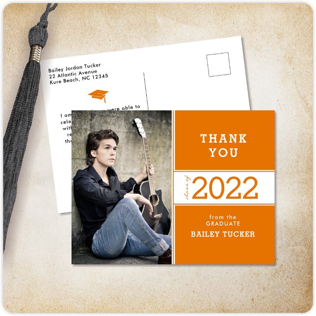 Carte Postale Année de classe Orange White Photo Merci de gradua (Créateur téléchargé)