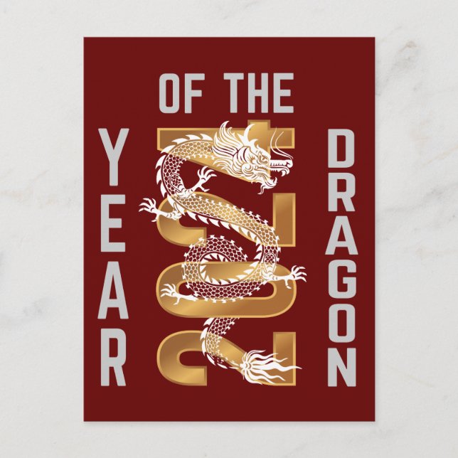 Carte Postale Année du Dragon 2024 Blanc Gris Or (Devant)