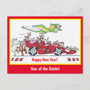 Carte Postale Année du lapin chinois Nouvel An voiture de course