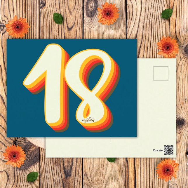 Carte Postale Anniversaire 18 ans Blue Moderne Rétro Groovy Dix- (Front and Back)