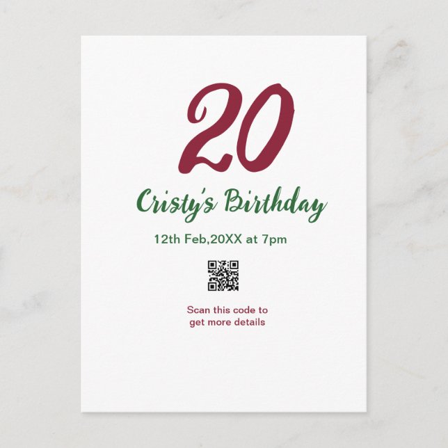 Carte Postale anniversaire 20 ANS MARON code qr gras rétro vert (Devant)