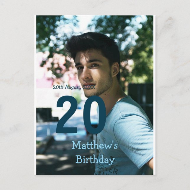 Carte Postale anniversaire 20 ans nom photo date homme bleu blan (Devant)