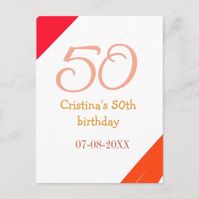 Carte Postale anniversaire 50 ans orange rouge ajouter nom date  (Devant)
