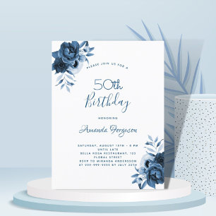 Carte Postale Anniversaire 50 fleurs bleues écriture blanche