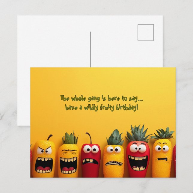 Carte Postale Anniversaire aux fruits drôles (Devant / Derrière)