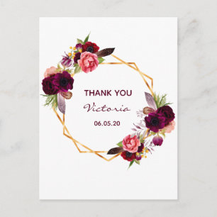 Carte Postale Anniversaire blanc bordeaux or floral merci