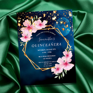 Carte Postale Anniversaire bleu ciel lune étoiles rose florales