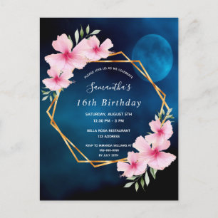 Carte Postale Anniversaire bleu ciel lune floraux roses