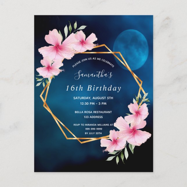 Carte Postale Anniversaire bleu ciel lune floraux roses (Devant)