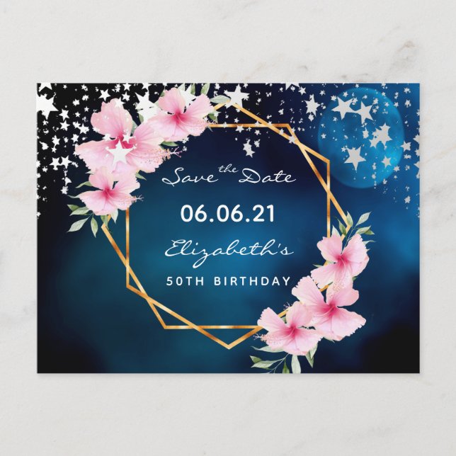 Carte Postale Anniversaire bleu lune rose floral Enregistrer la  (Devant)