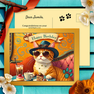 Carte Postale Anniversaire Chat et Gâteau Rétro Amusant