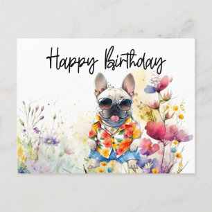 Carte Postale Anniversaire de Bouledogue Français dans un Champ 