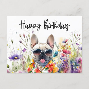 Carte Postale Anniversaire de Bouledogue Français dans un champ 