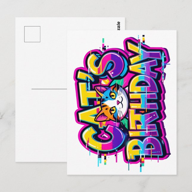 Carte Postale Anniversaire de chat Arc-en-ciel Glitch (Devant / Derrière)