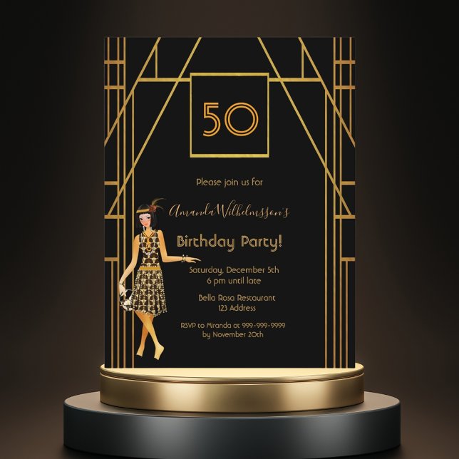 Carte Postale Anniversaire de fête d'or noir 1920's style invita (Créateur téléchargé)