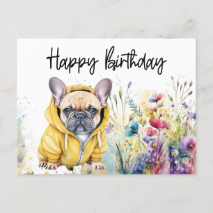 Carte Postale Anniversaire de French Bulldog dans un champ de fl