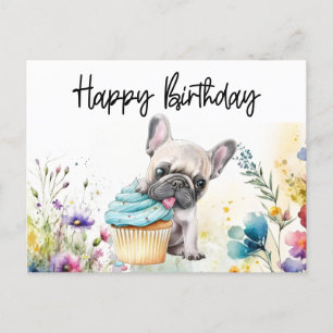 Carte Postale Anniversaire de French Bulldog dans un champ de fl