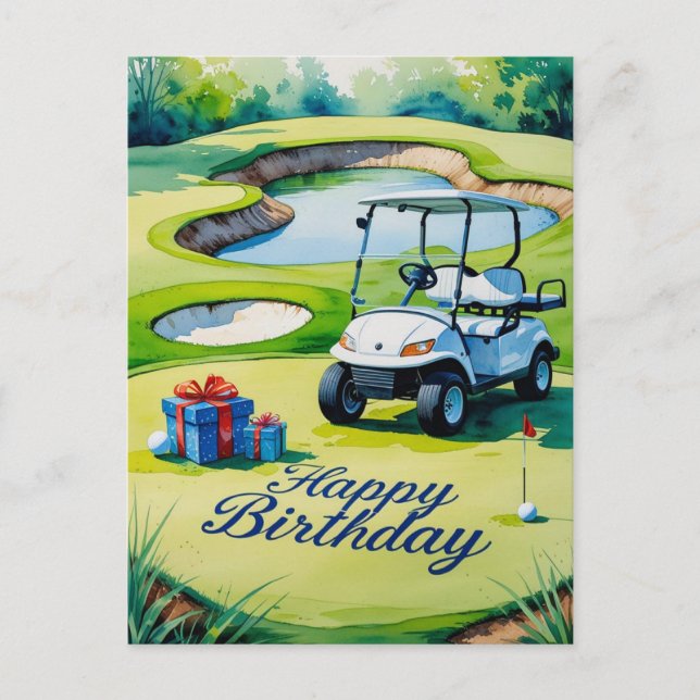 Carte Postale Anniversaire de golf avec voiturette pour golfeur (Devant)