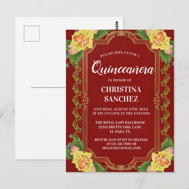 Carte Postale Anniversaire de la Quinceanera de rose jaune de Bo (Devant / Derrière)