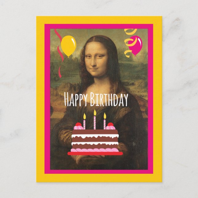 Carte Postale Anniversaire de Mona Lisa avec gâteau et ballons (Devant)