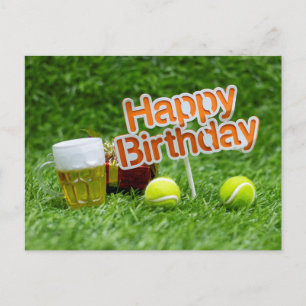 Carte Postale Anniversaire de tennis avec balle et cadeaux sur g