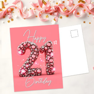 Carte Postale Anniversaire des 21 ans Pierre précieuse Rose et A