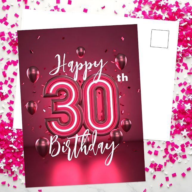 Carte Postale Anniversaire des 30 ans Rose Néon Chic et Lumineux (Créateur téléchargé)