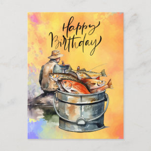 Carte Postale Anniversaire des amateurs de pêche avec aquarelle 