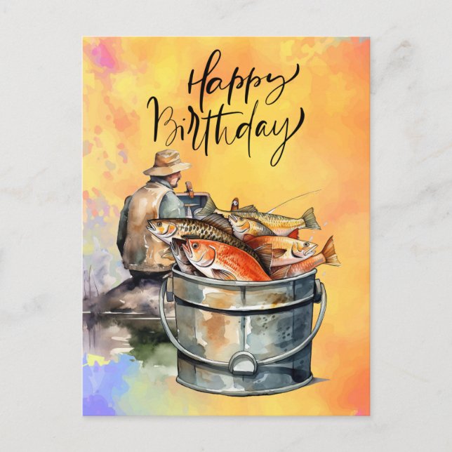 Carte Postale Anniversaire des amateurs de pêche avec aquarelle  (Devant)