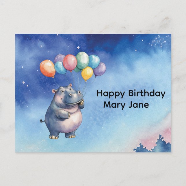 Carte Postale Anniversaire d'Hippopotame avec des ballons (Devant)