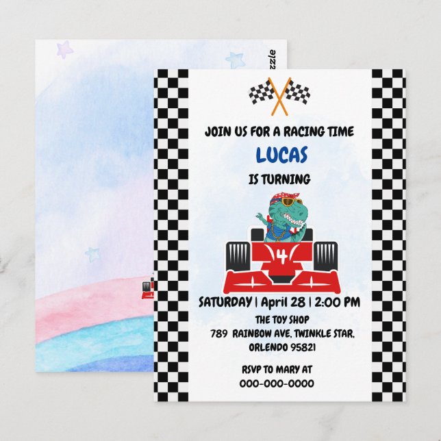 Carte Postale Anniversaire Dinosaur voiture de course garçon cou (Devant / Derrière)