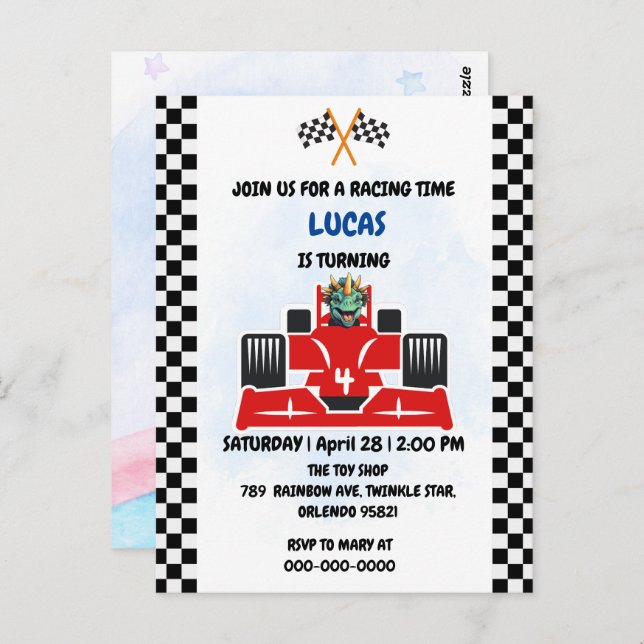 Carte Postale Anniversaire Dinosaur voiture de course garçon cou (Devant / Derrière)