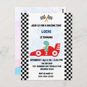 Carte Postale Anniversaire Dinosaur voiture de course garçon cou