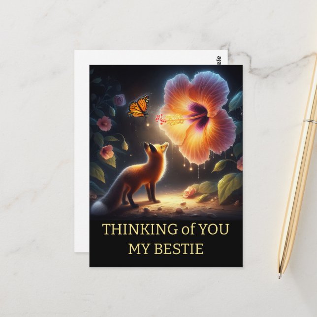 Carte Postale Anniversaire d'un ami Renard Forêt sombre Flore (Devant/Arrière en situation)