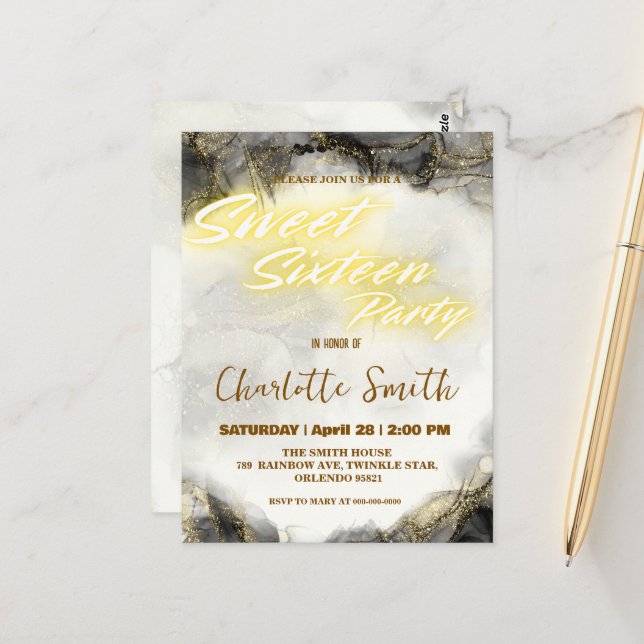 Carte Postale Anniversaire élégant néon or rose marbre 16 ans (Devant/Arrière en situation)