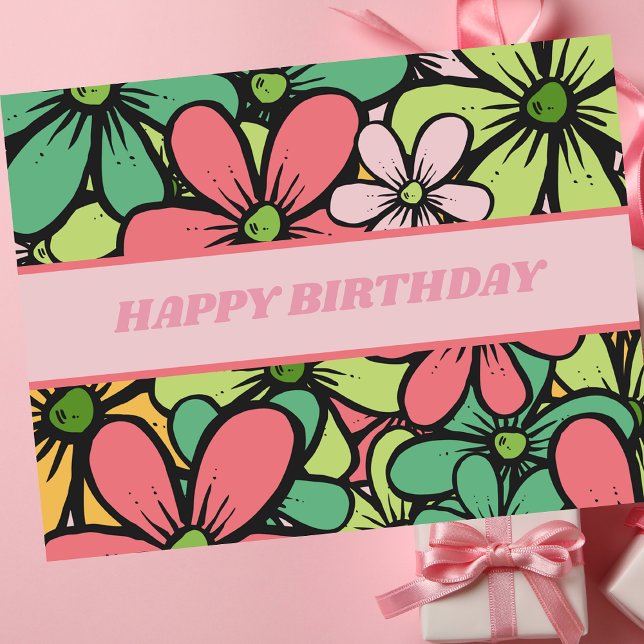 Carte Postale Anniversaire Félicitations Floral Boho Rétro Color (Créateur téléchargé)