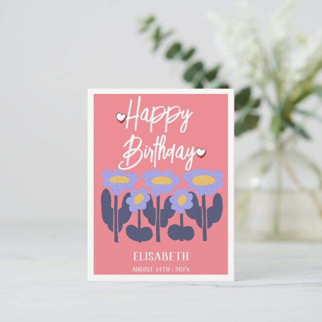 Carte Postale Anniversaire Féminin Fleur Simple Personnalisé Vio (Debout devant)
