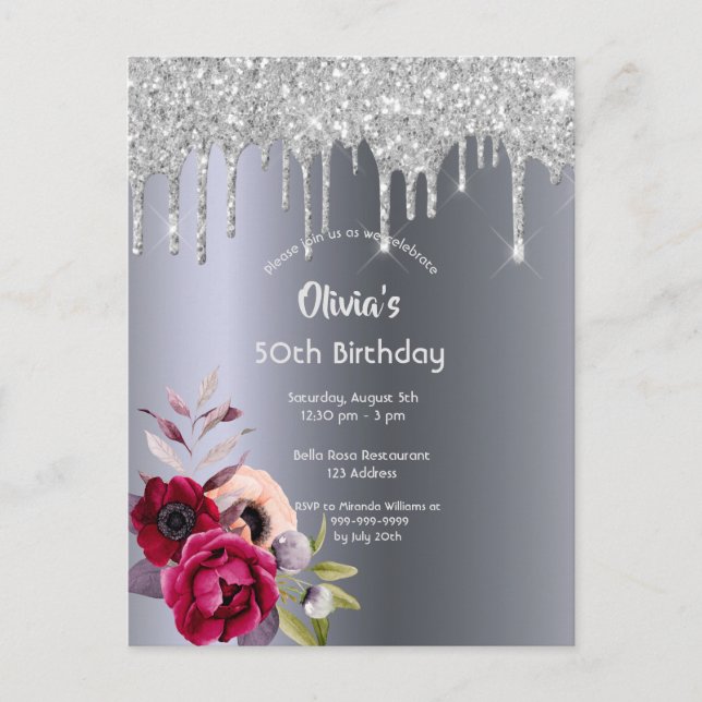 Carte Postale Anniversaire fête argent parties scintillant invit (Devant)