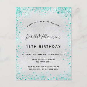 Carte Postale Anniversaire fête argent turquoise parties scintil