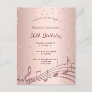 Carte Postale Anniversaire fête rose or diamants musique invitat