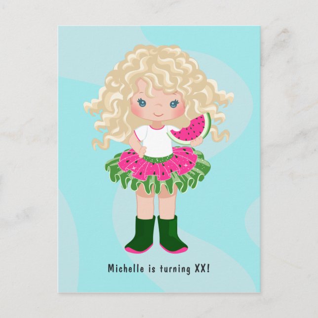 Carte Postale Anniversaire Fille Américaine Blonde Tutu Pastèque (Devant)