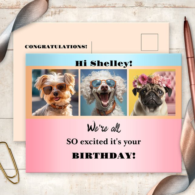 Carte Postale Anniversaire fille drôle et fantaisiste Pastel  (Funny animal birthday postcard featuring your 3 photos (optional) on a whimsical pastel background)