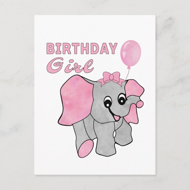 Carte Postale Anniversaire Fille rose Bébé Eléphant (Devant)
